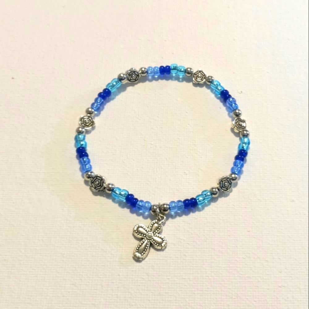 Blue Beaded Silver Plated Cross Charm Bracelet